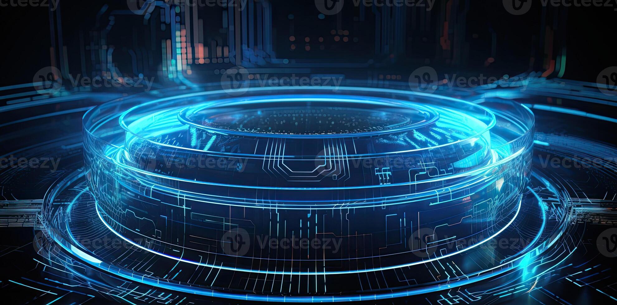 modern technology circle background or abstract image, in the style of rtx on, blueprint, circuitry, lens flare, light navy and sky-blue, Illustration photo