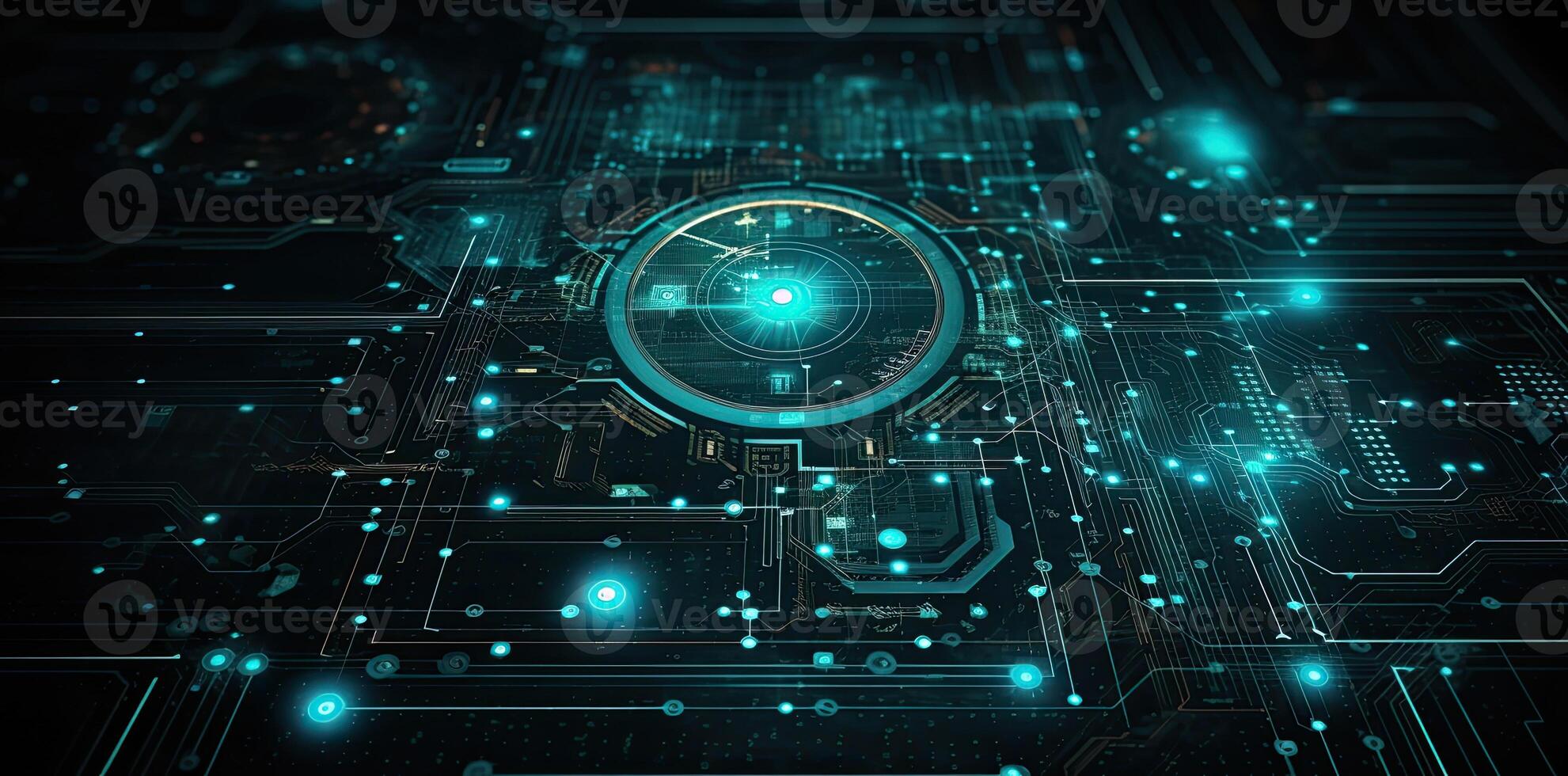 modern technology circle background or abstract image, in the style of rtx on, blueprint, circuitry, lens flare, light navy and sky-blue, Illustration photo