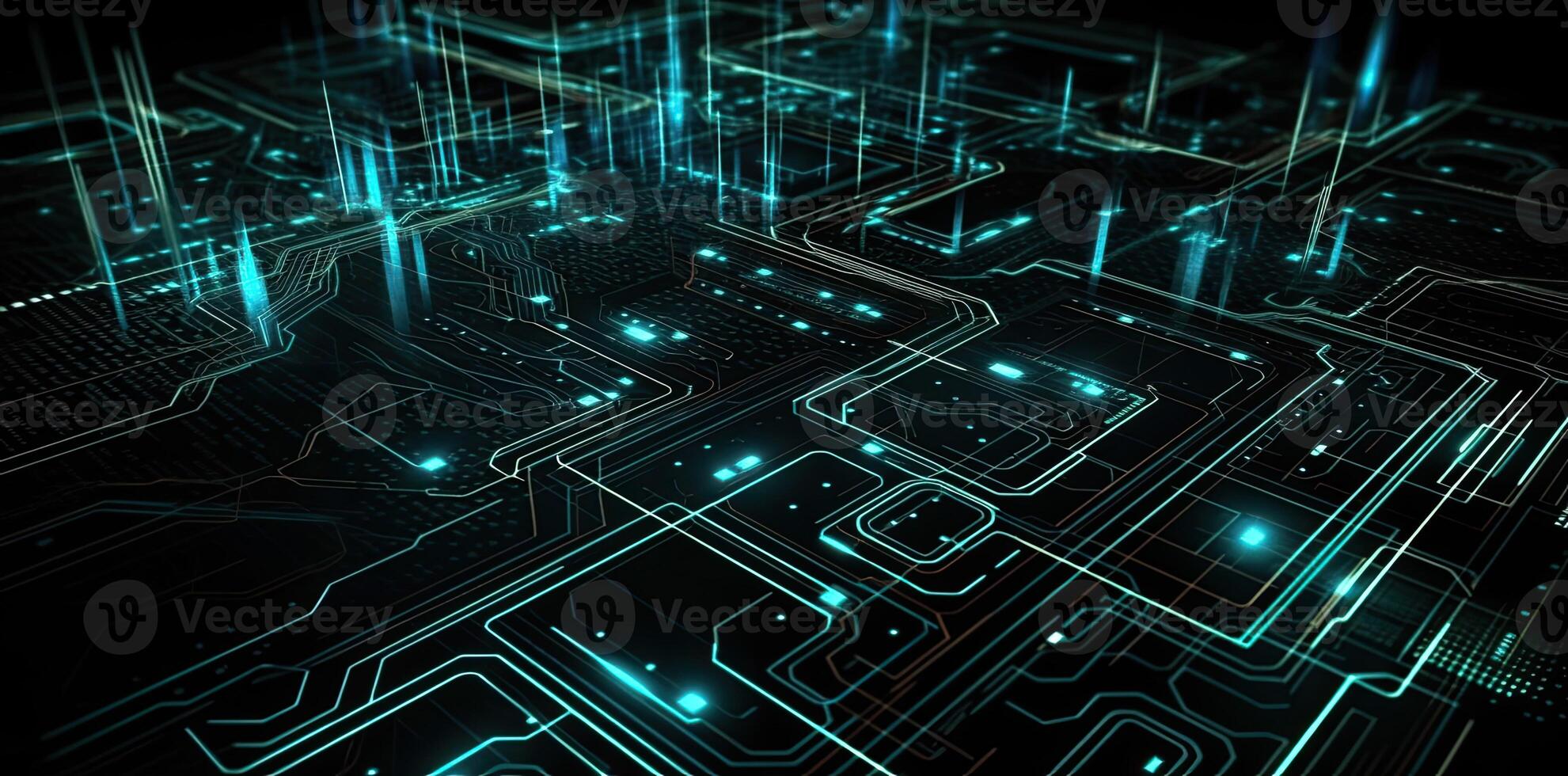 modern technology circle background or abstract image, in the style of rtx on, blueprint, circuitry, lens flare, light navy and sky-blue, Illustration photo