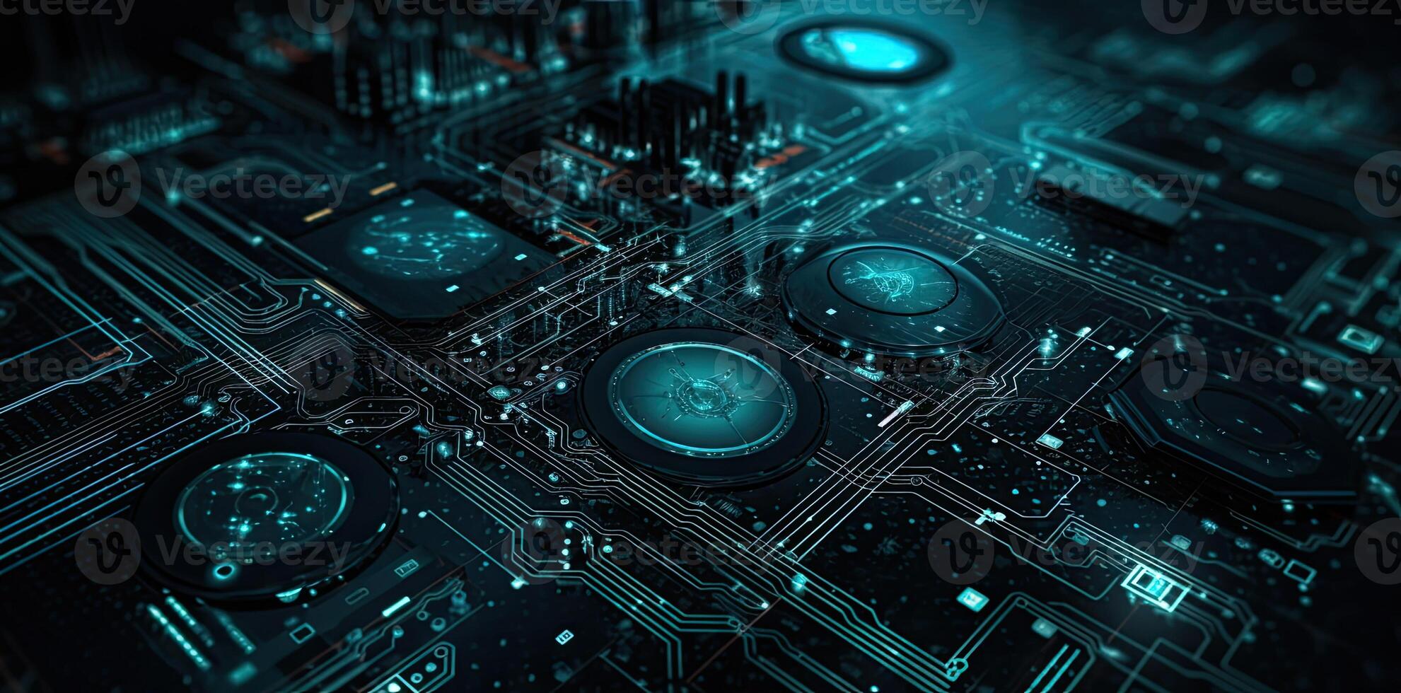 moderno tecnología circulo antecedentes o resumen imagen, en el estilo de rtx en, Plano, circuitos, lente llamarada, ligero Armada y cielo azul, ilustración generativo ai foto