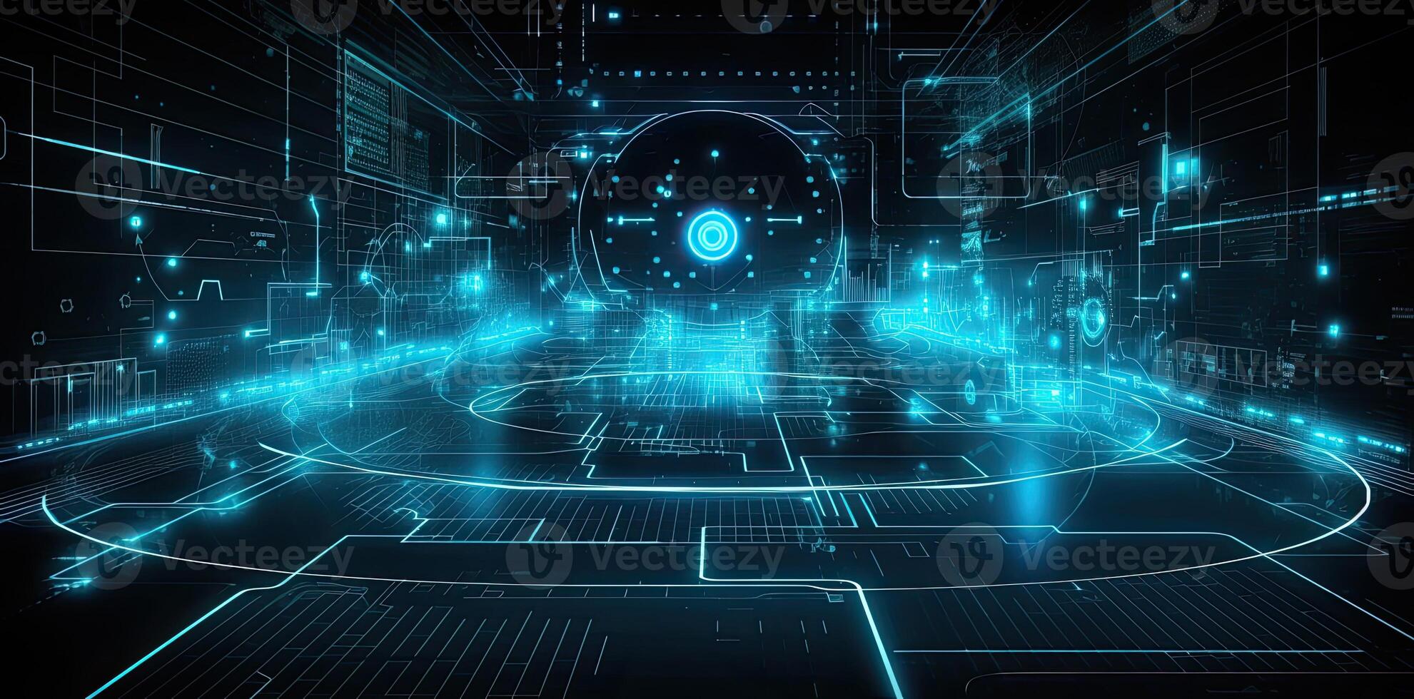 modern technology circle background or abstract image, in the style of rtx on, blueprint, circuitry, lens flare, light navy and sky-blue, Illustration photo