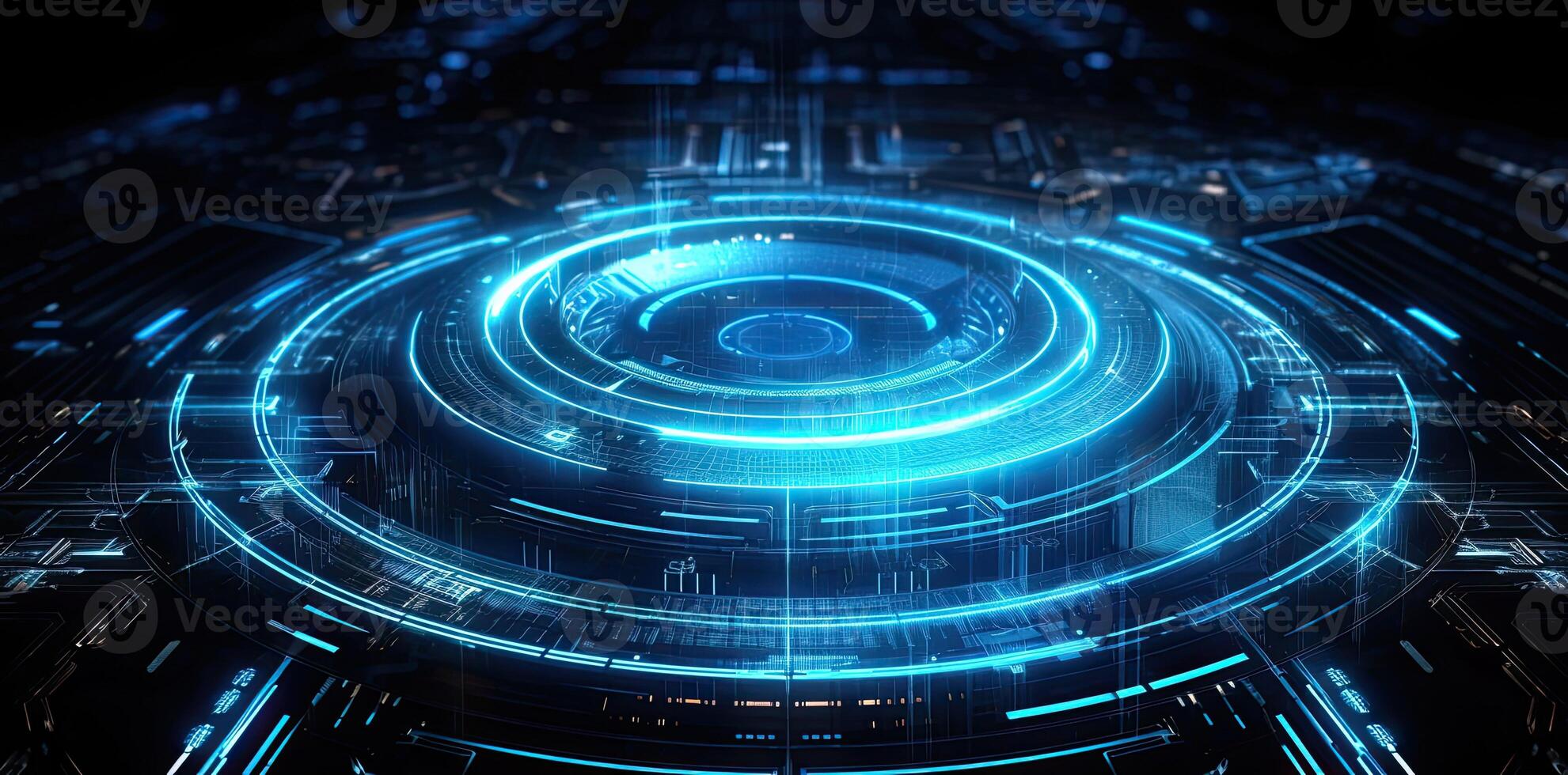 modern technology circle background or abstract image, in the style of rtx on, blueprint, circuitry, lens flare, light navy and sky-blue, Illustration photo