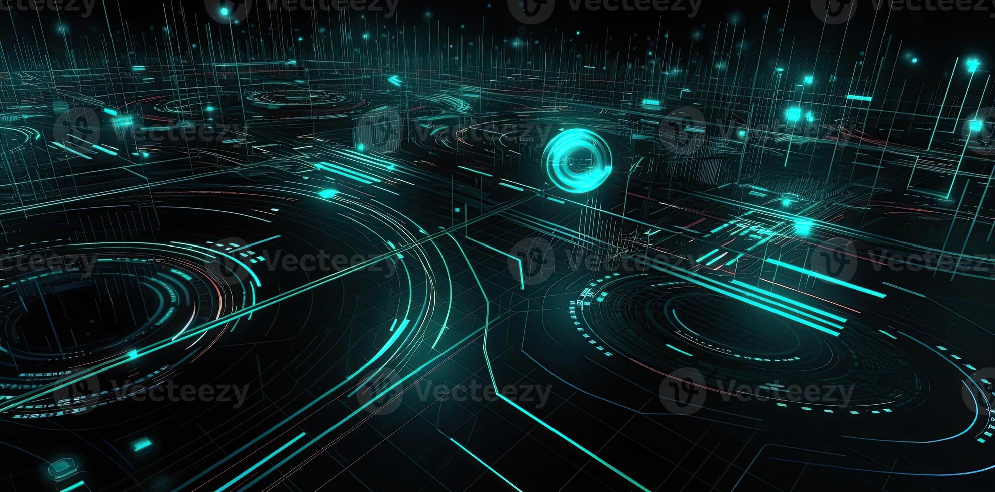 modern technology circle background or abstract image, in the style of rtx on, blueprint, circuitry, lens flare, light navy and sky-blue, Illustration photo