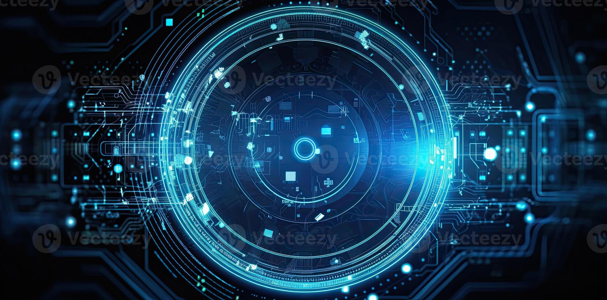 modern technology circle background or abstract image, in the style of rtx on, blueprint, circuitry, lens flare, light navy and sky-blue, Illustration photo