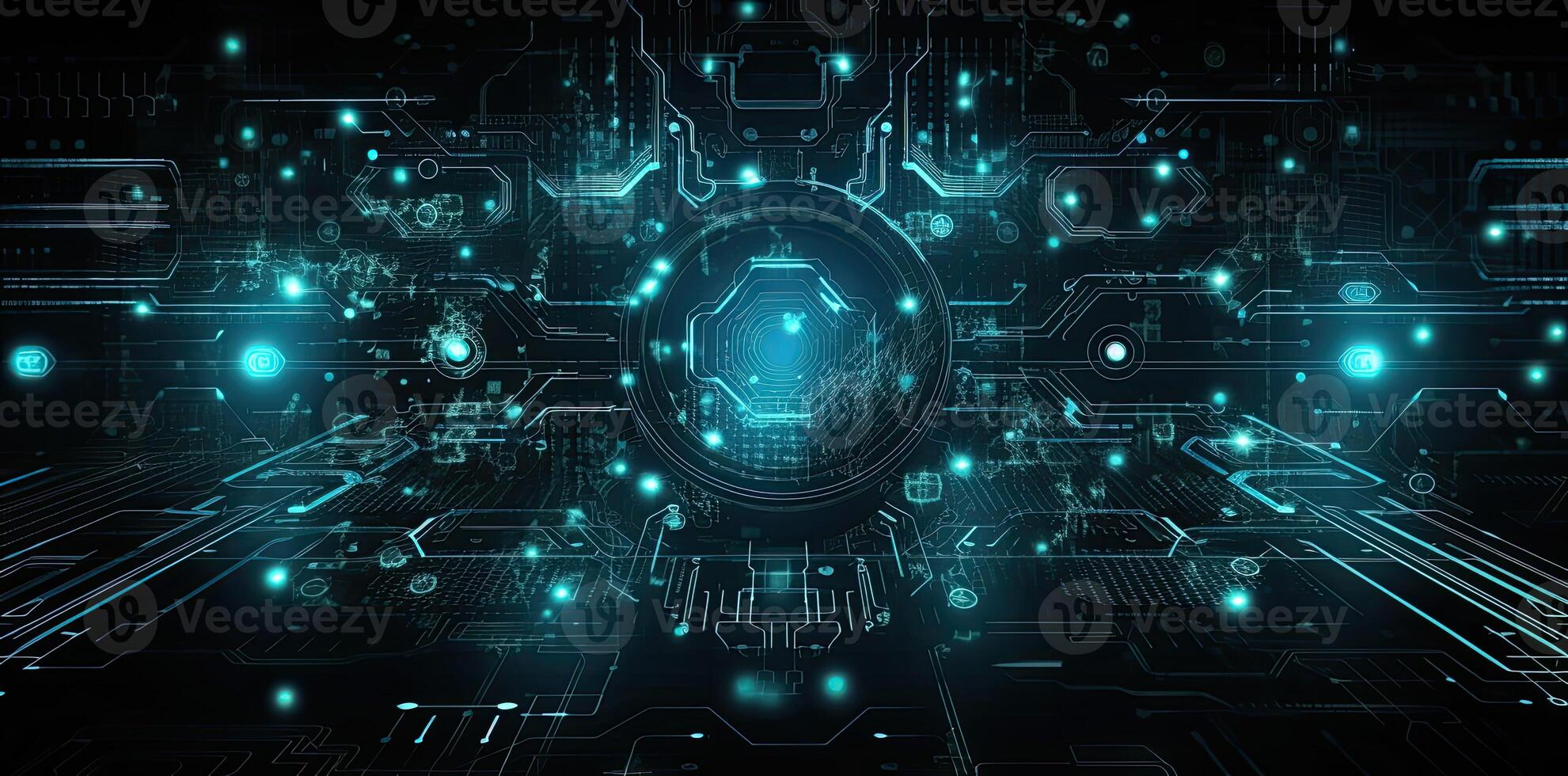 modern technology circle background or abstract image, in the style of rtx on, blueprint, circuitry, lens flare, light navy and sky-blue, Illustration photo