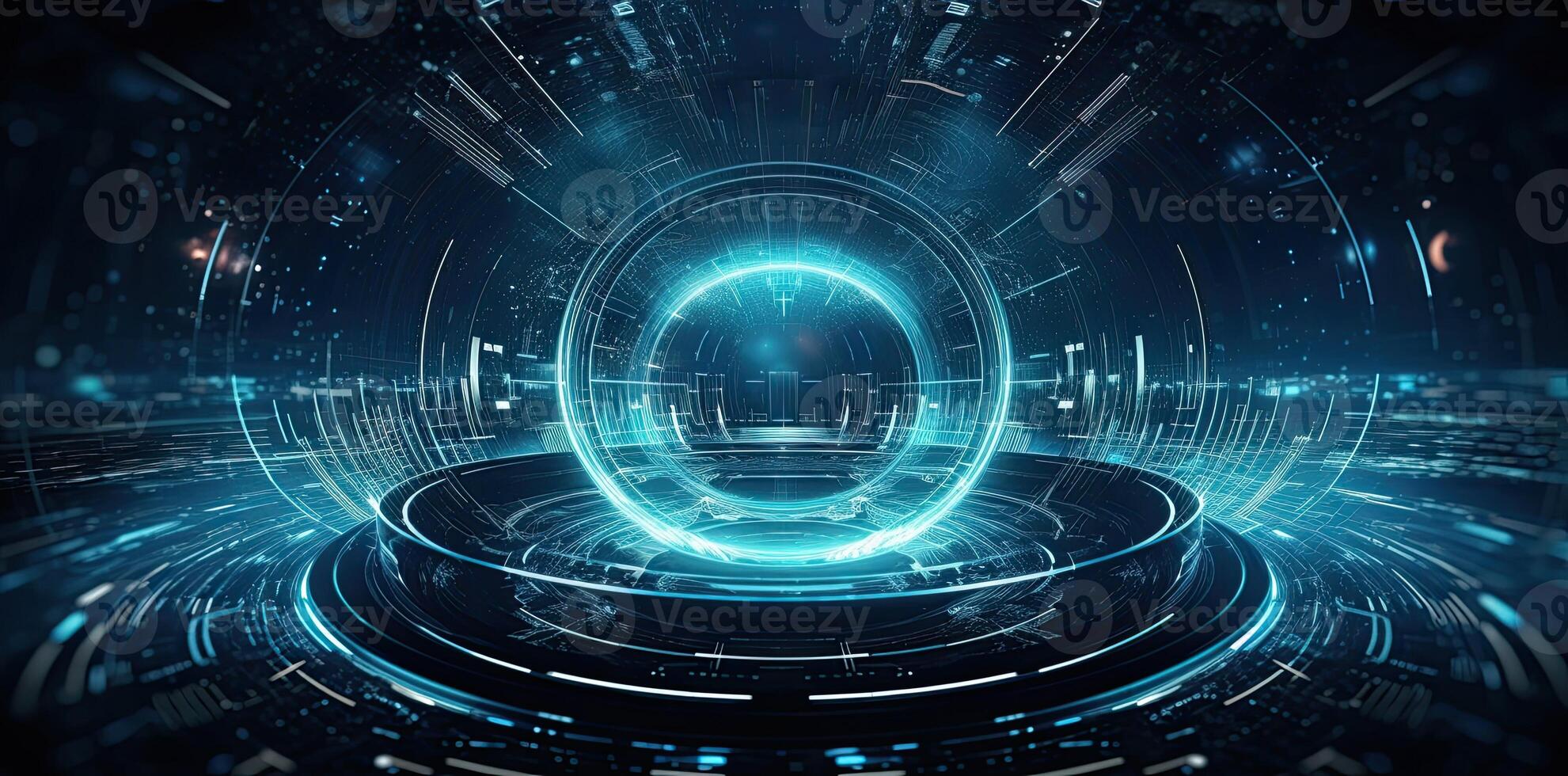 modern technology circle background or abstract image, in the style of rtx on, blueprint, circuitry, lens flare, light navy and sky-blue, Illustration photo