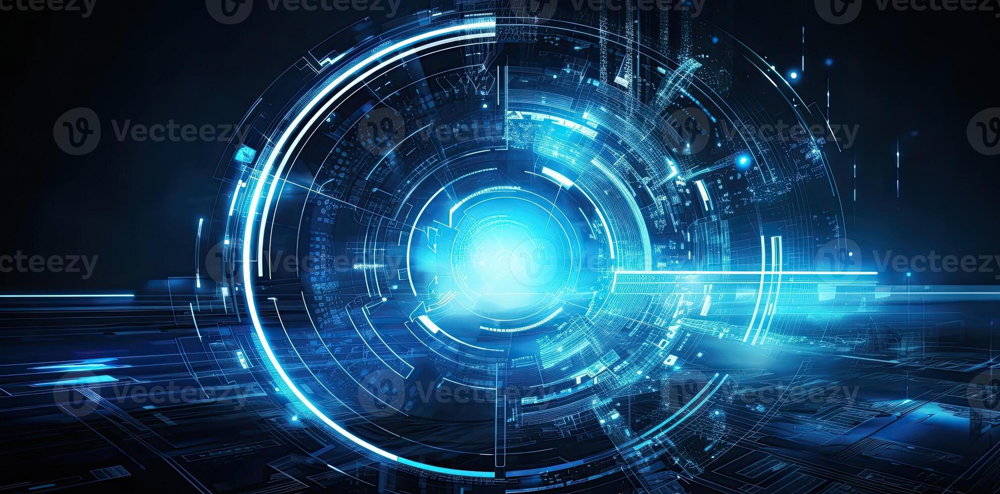 modern technology circle background or abstract image, in the style of rtx on, blueprint, circuitry, lens flare, light navy and sky-blue, Illustration photo