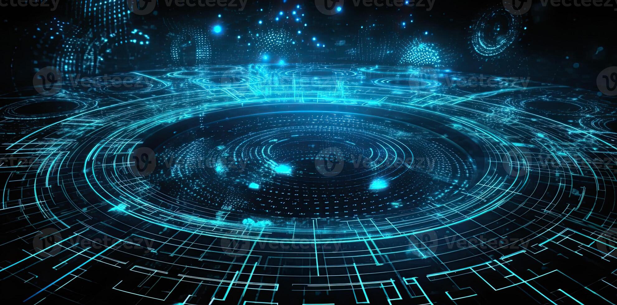 modern technology circle background or abstract image, in the style of rtx on, blueprint, circuitry, lens flare, light navy and sky-blue, Illustration photo