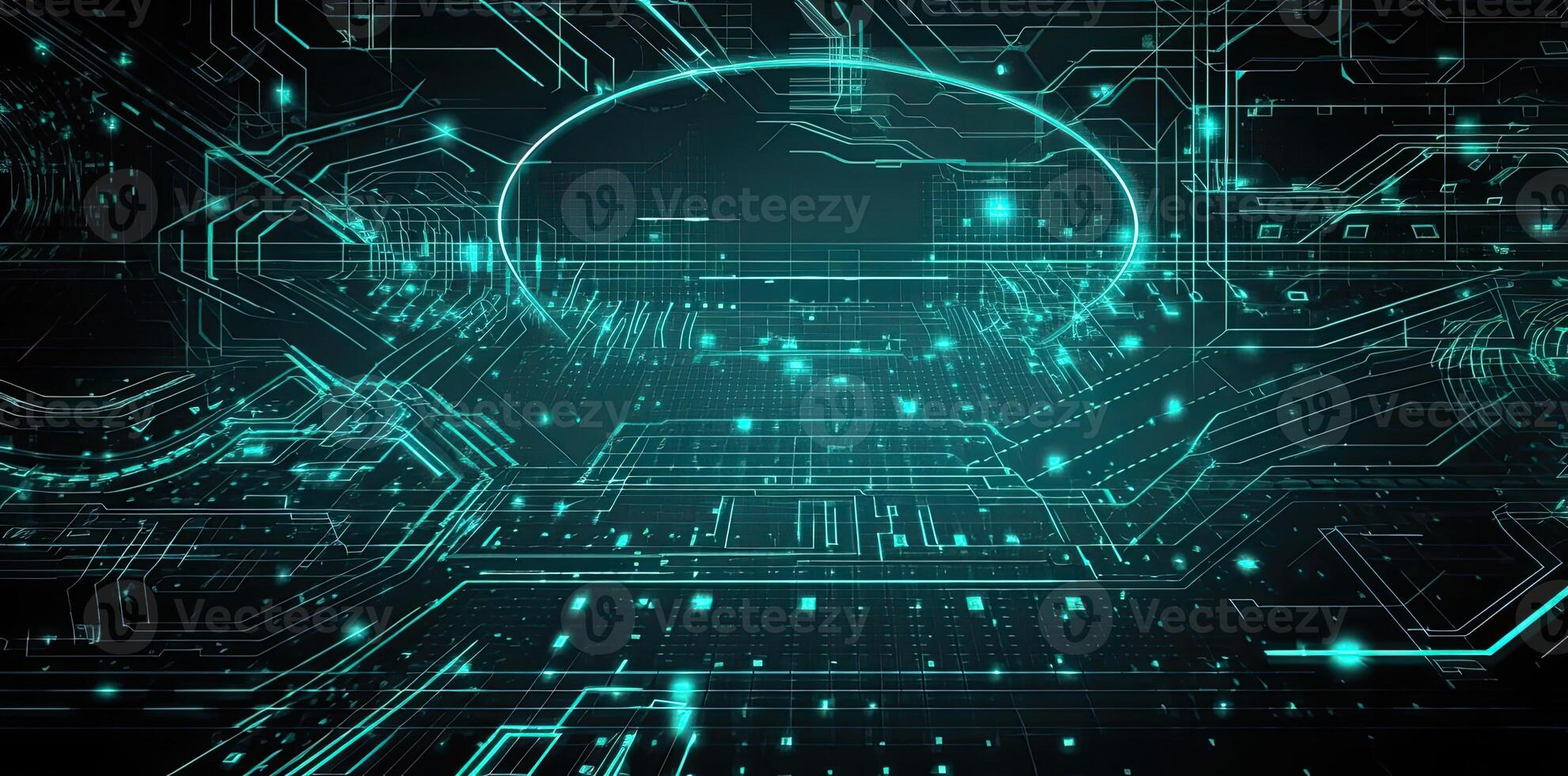 modern technology circle background or abstract image, in the style of rtx on, blueprint, circuitry, lens flare, light navy and sky-blue, Illustration photo