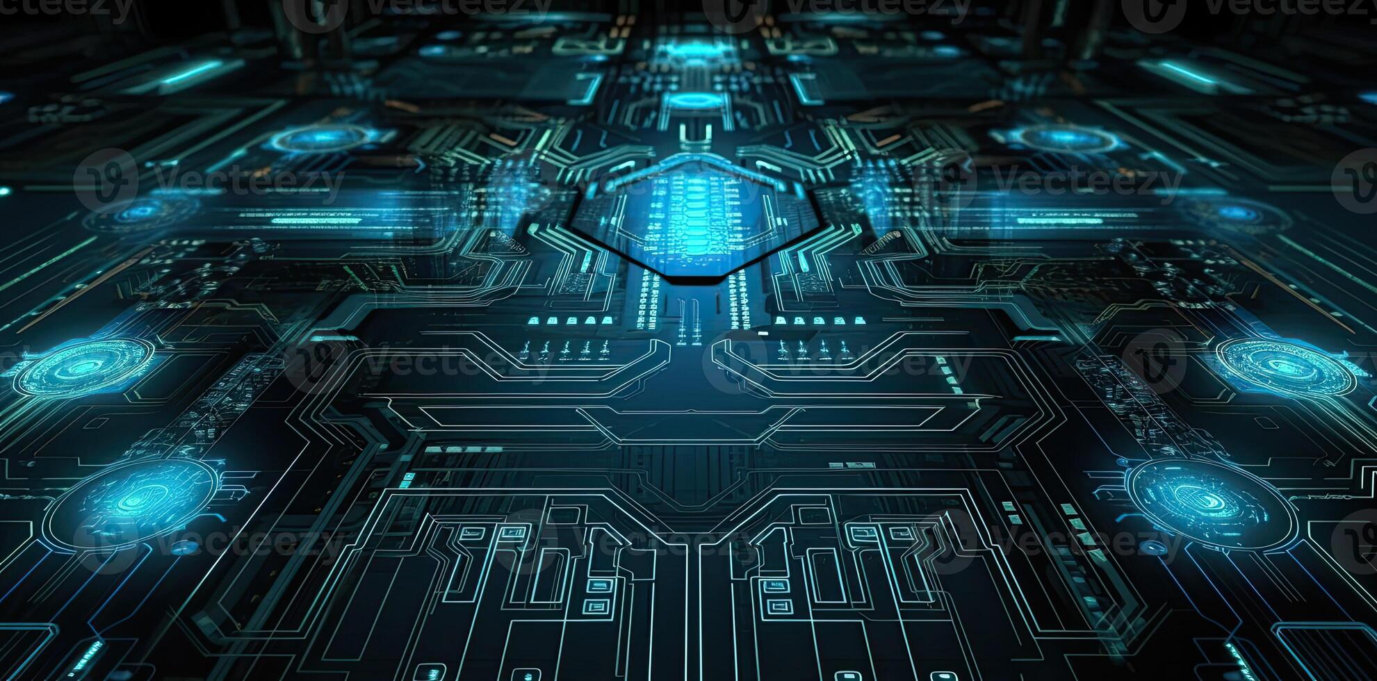 modern technology circle background or abstract image, in the style of rtx on, blueprint, circuitry, lens flare, light navy and sky-blue, Illustration photo