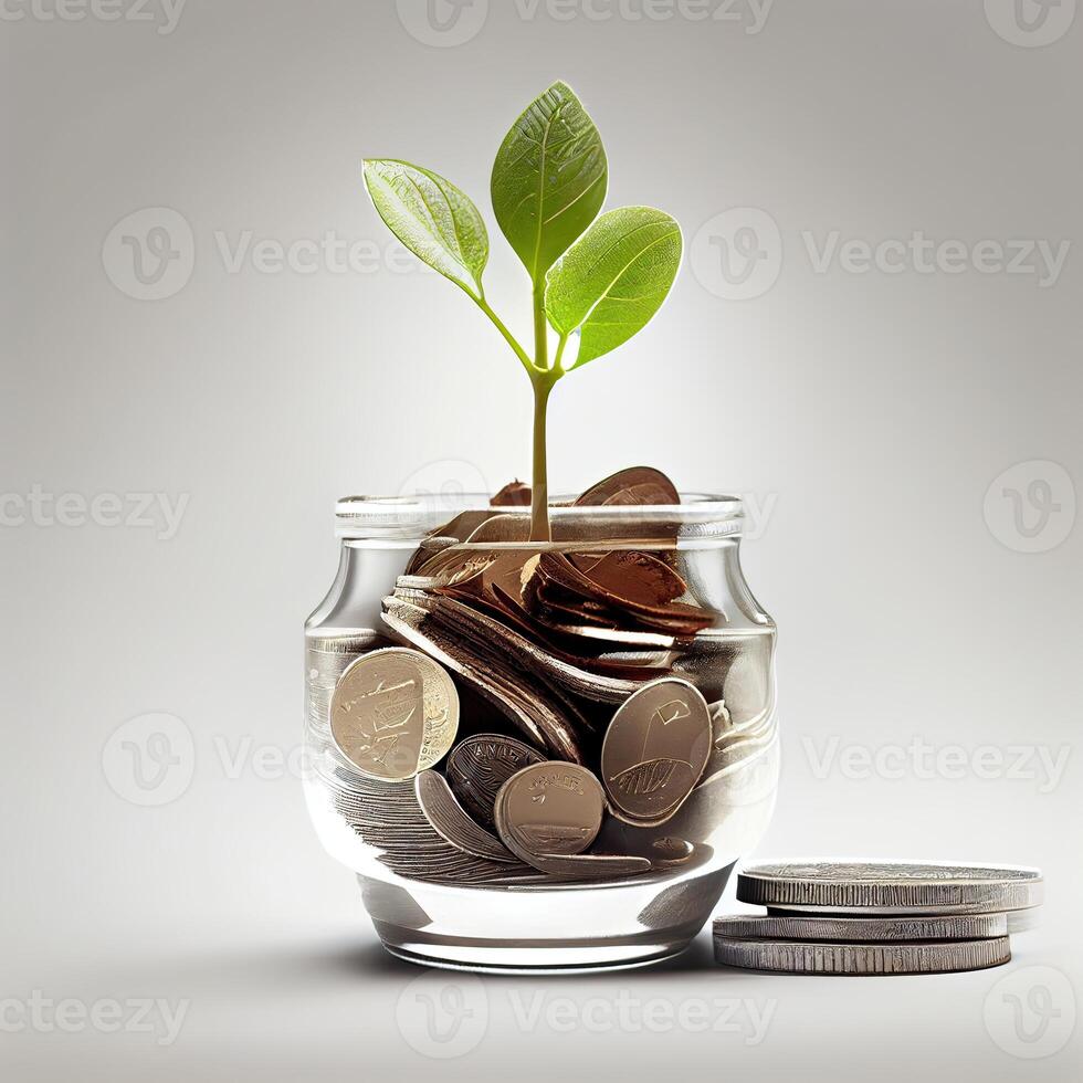 money for business investment finance and banking concept. green plant leaves growth up on row of saving coin stack on wood table. photo