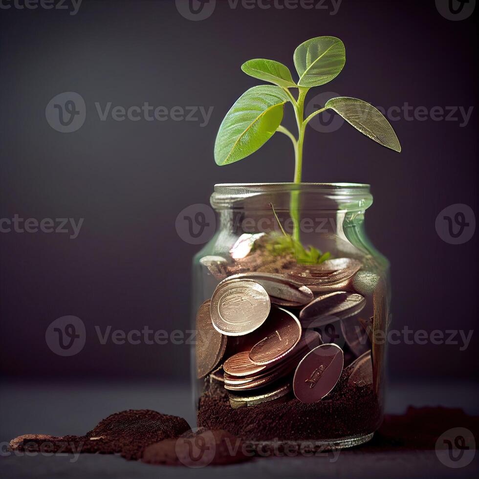 money for business investment finance and banking concept. green plant leaves growth up on row of saving coin stack on wood table. photo