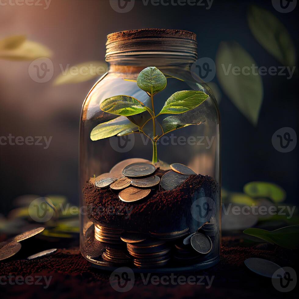 money for business investment finance and banking concept. green plant leaves growth up on row of saving coin stack on wood table. photo