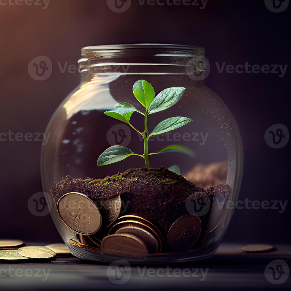 money for business investment finance and banking concept. green plant leaves growth up on row of saving coin stack on wood table. photo