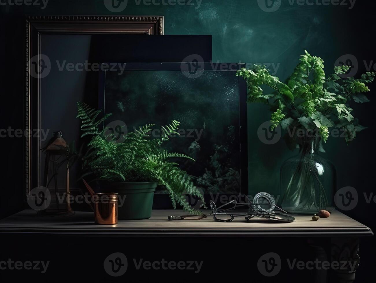 a green wall with flowers and plants behind a blank frame, in the style of poster, interior scenes, photobashing, environmentally inspired, hinchel or, industrial-inspired, Illustration photo