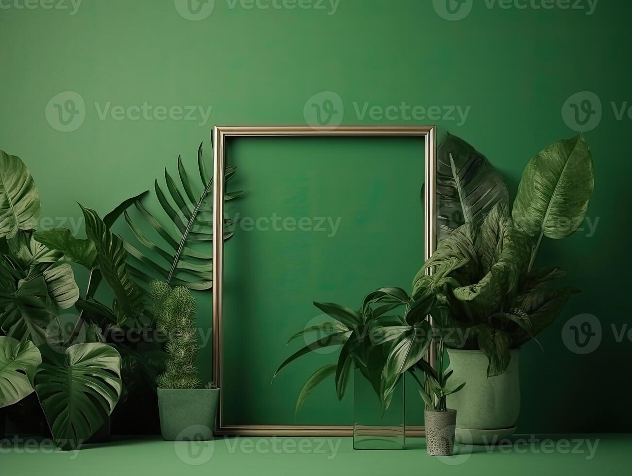 a green wall with flowers and plants behind a blank frame, in the style of poster, interior scenes, photobashing, environmentally inspired, hinchel or, industrial-inspired, Illustration photo