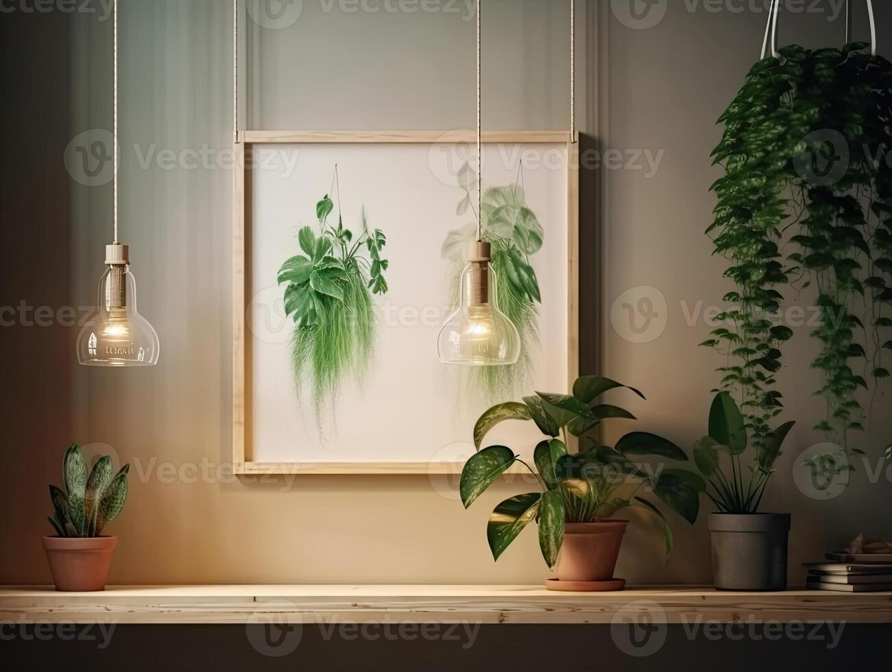 a green wall with flowers and plants behind a blank frame, in the style of poster, interior scenes, photobashing, environmentally inspired, hinchel or, industrial-inspired, Illustration photo