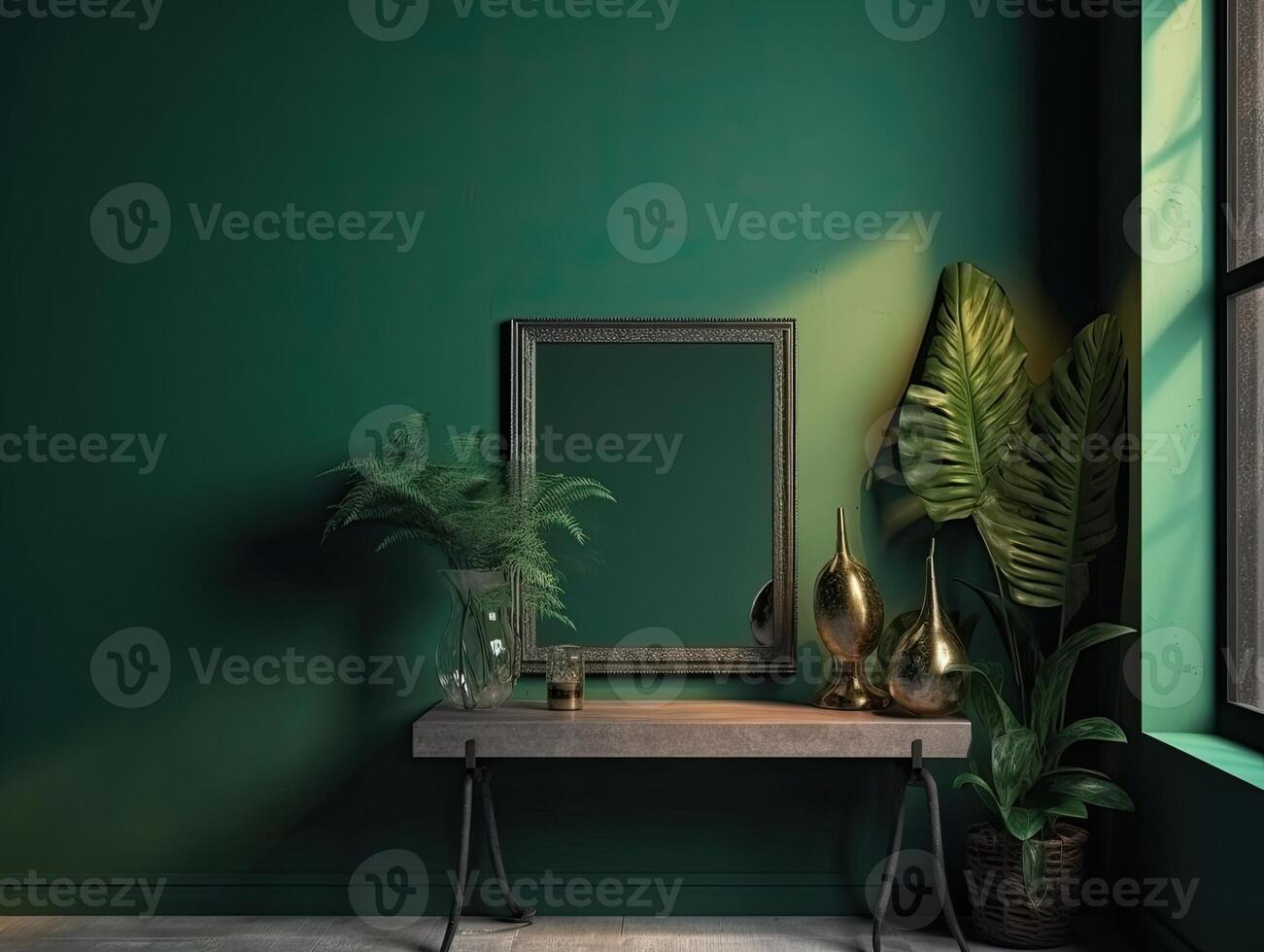 a green wall with flowers and plants behind a blank frame, in the style of poster, interior scenes, photobashing, environmentally inspired, hinchel or, industrial-inspired, Illustration photo