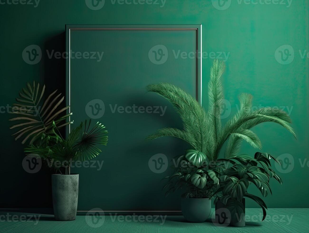 a green wall with flowers and plants behind a blank frame, in the style of poster, interior scenes, photobashing, environmentally inspired, hinchel or, industrial-inspired, Illustration photo