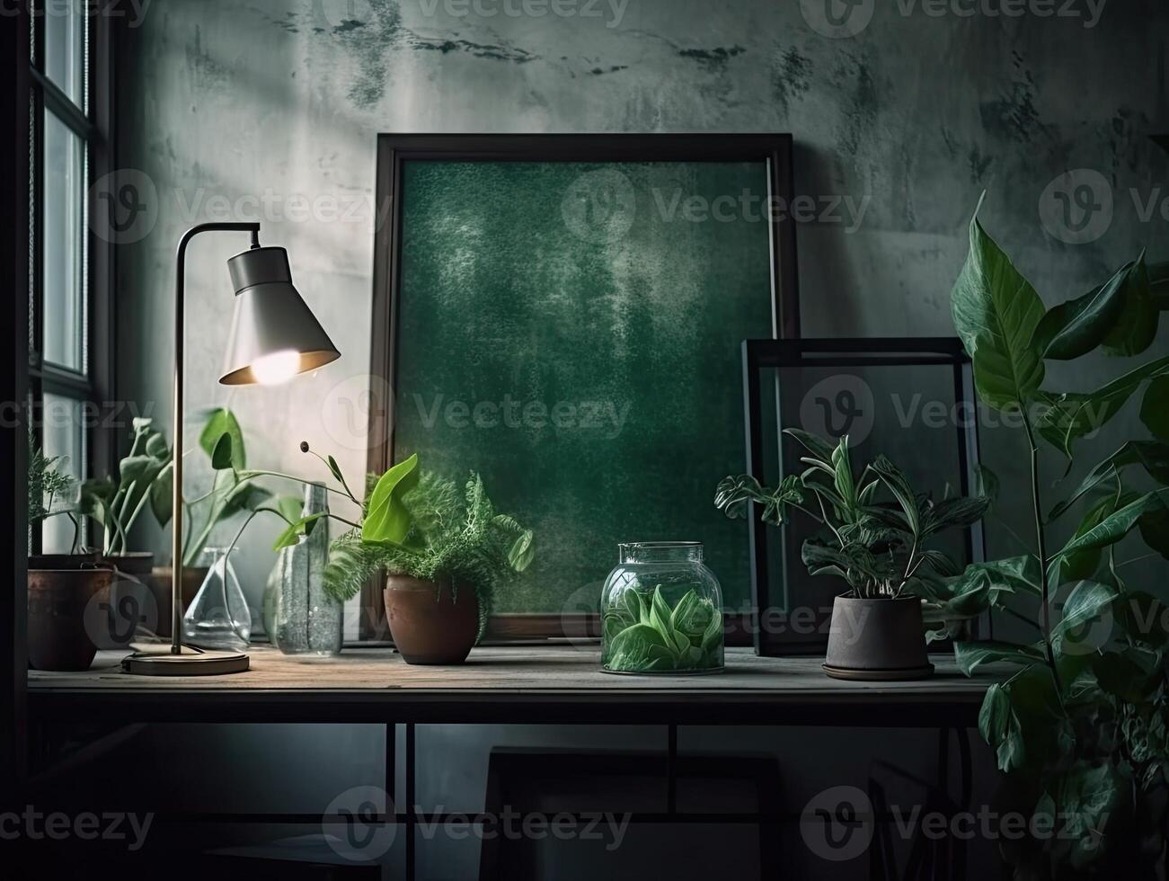 a green wall with flowers and plants behind a blank frame, in the style of poster, interior scenes, photobashing, environmentally inspired, hinchel or, industrial-inspired, Illustration photo