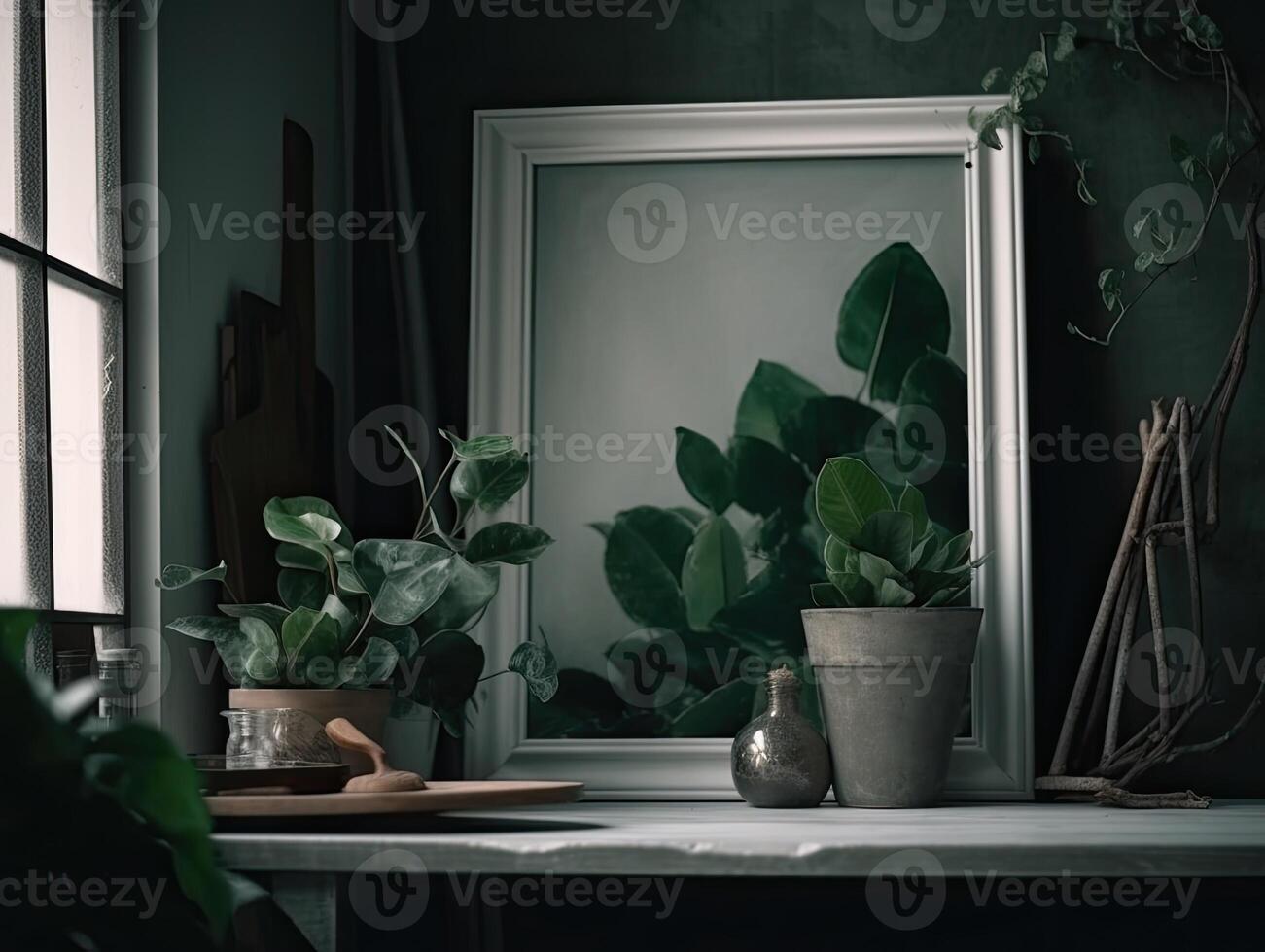 a green wall with flowers and plants behind a blank frame, in the style of poster, interior scenes, photobashing, environmentally inspired, hinchel or, industrial-inspired, Illustration photo