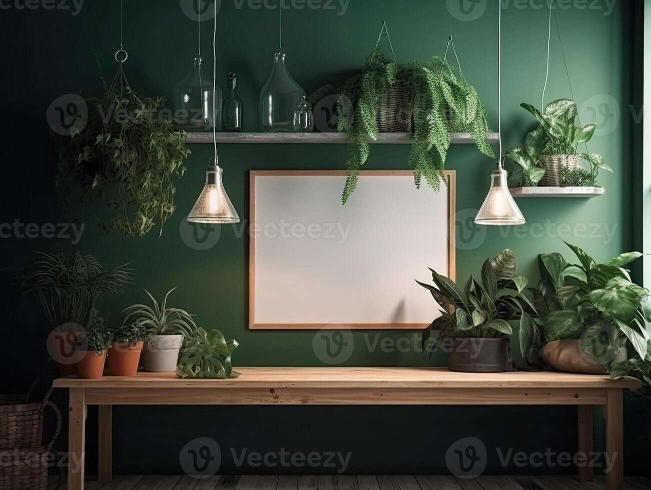 a green wall with flowers and plants behind a blank frame, in the style of poster, interior scenes, photobashing, environmentally inspired, hinchel or, industrial-inspired, Illustration photo