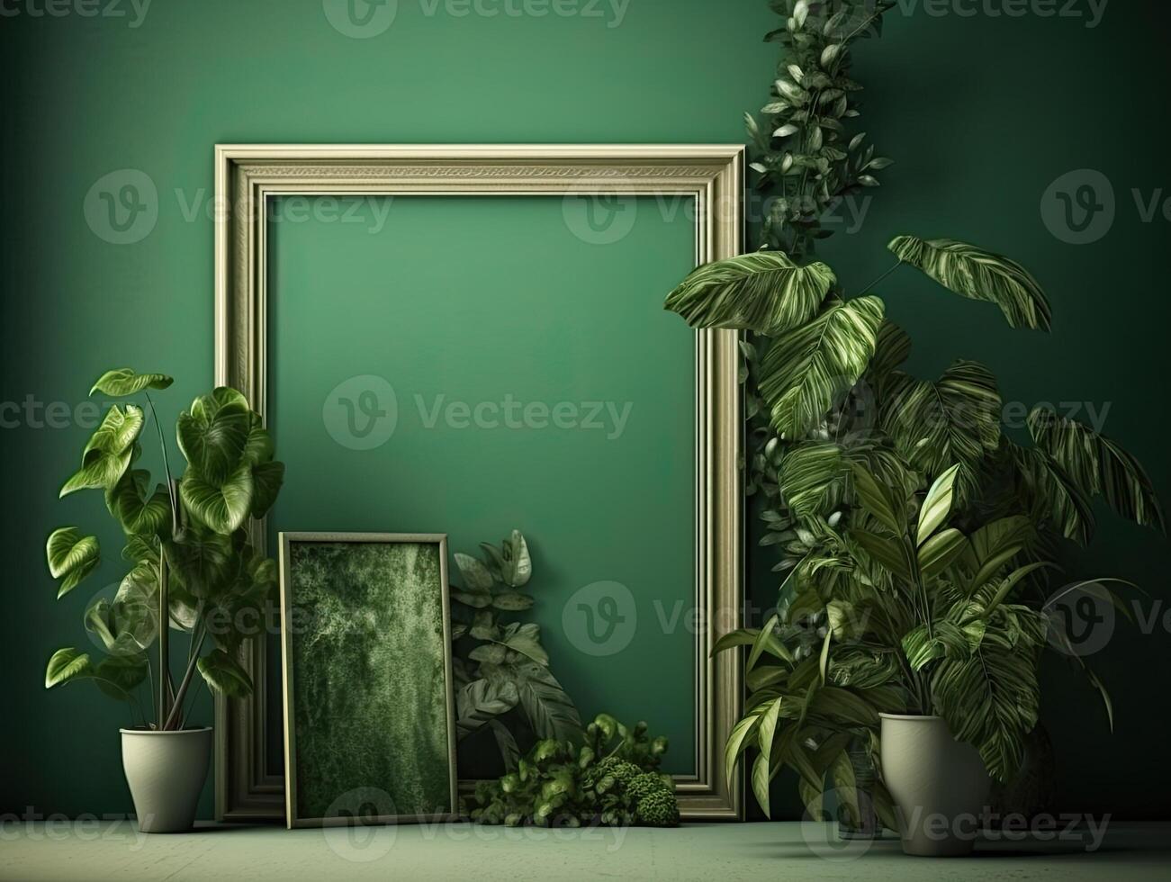 un verde pared con flores y plantas detrás un blanco marco, en el estilo de póster, interior escenas, fotografiar, ambientalmente inspirado, hinchel o, de inspiración industrial, ilustración generativo ai foto