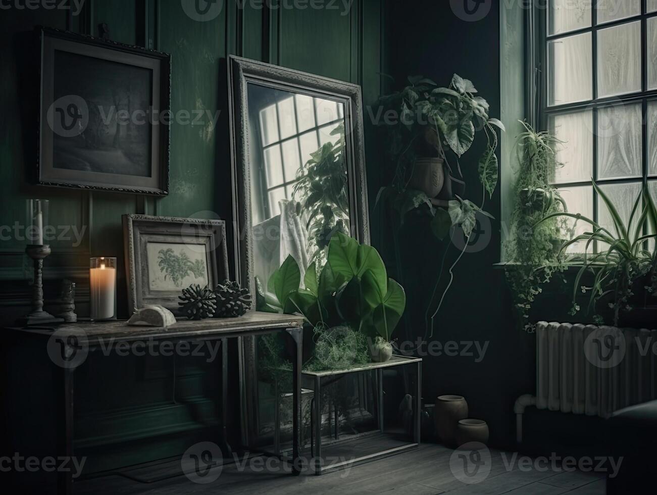 a green wall with flowers and plants behind a blank frame, in the style of poster, interior scenes, photobashing, environmentally inspired, hinchel or, industrial-inspired, Illustration photo