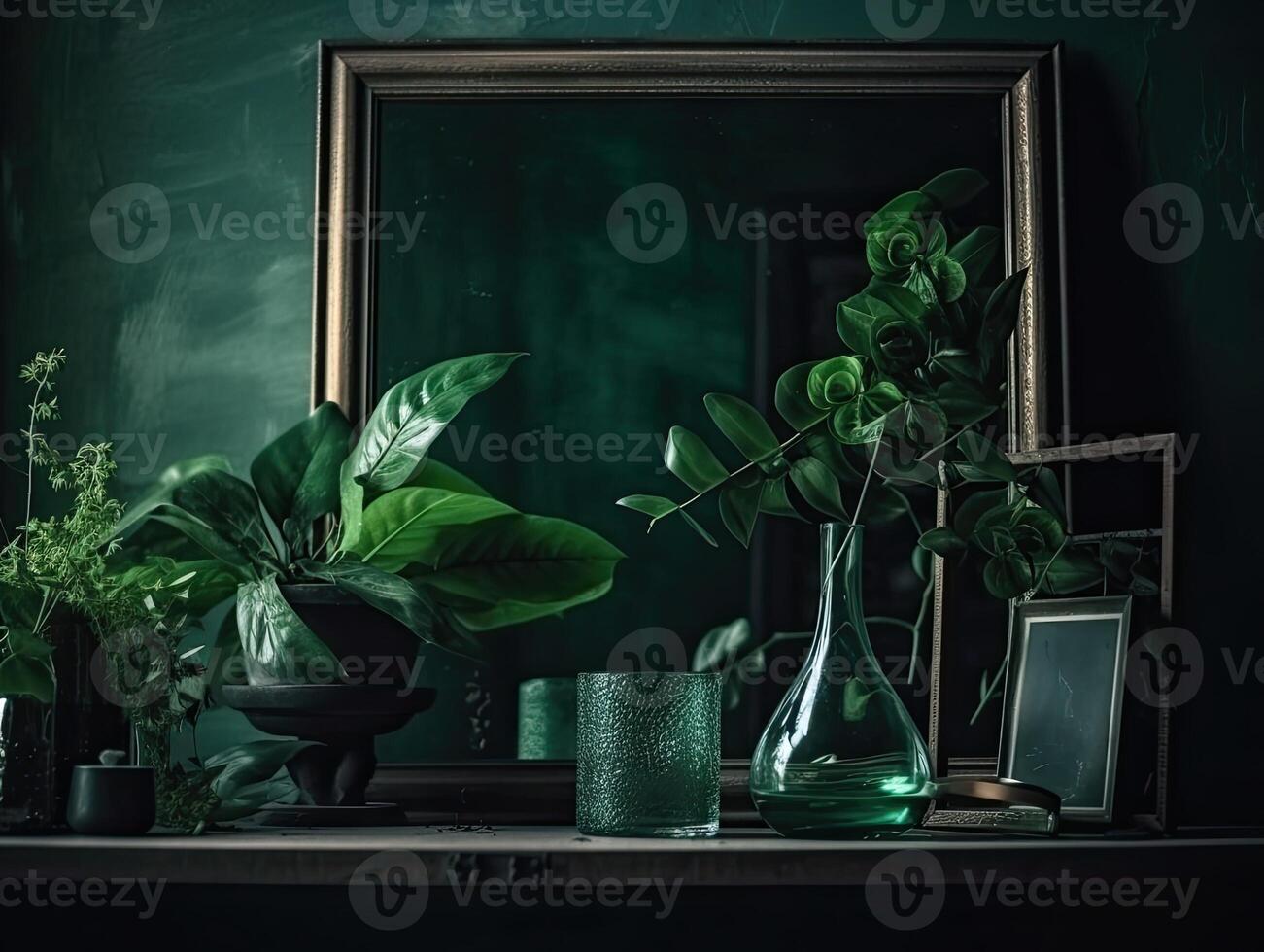 a green wall with flowers and plants behind a blank frame, in the style of poster, interior scenes, photobashing, environmentally inspired, hinchel or, industrial-inspired, Illustration photo