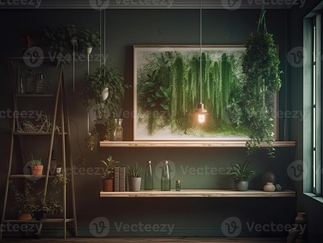 a green wall with flowers and plants behind a blank frame, in the style of poster, interior scenes, photobashing, environmentally inspired, hinchel or, industrial-inspired, Illustration photo