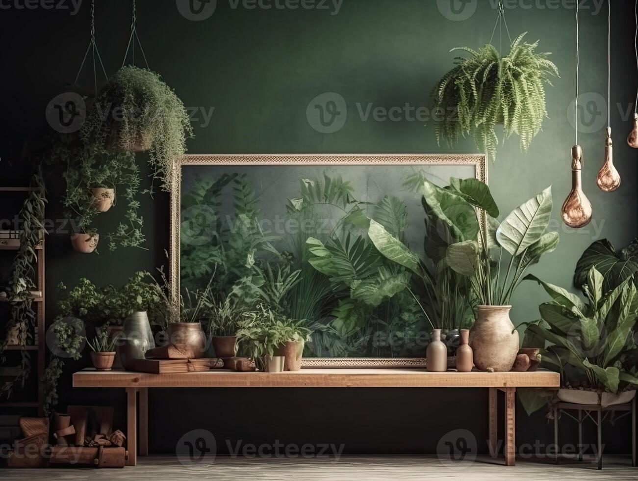 a green wall with flowers and plants behind a blank frame, in the style of poster, interior scenes, photobashing, environmentally inspired, hinchel or, industrial-inspired, Illustration photo