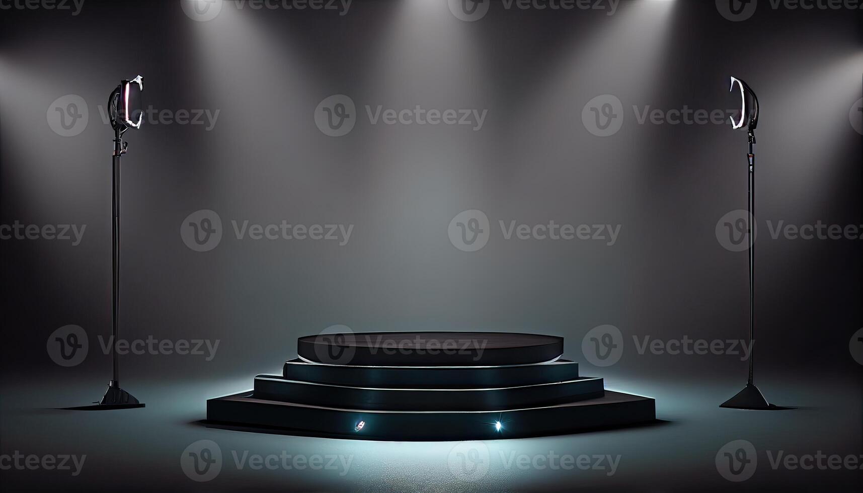 Stage podium with lighting, Stage Podium Scene with for Award. Empty pedestal for award ceremony. Platform illuminated by spotlights. photo