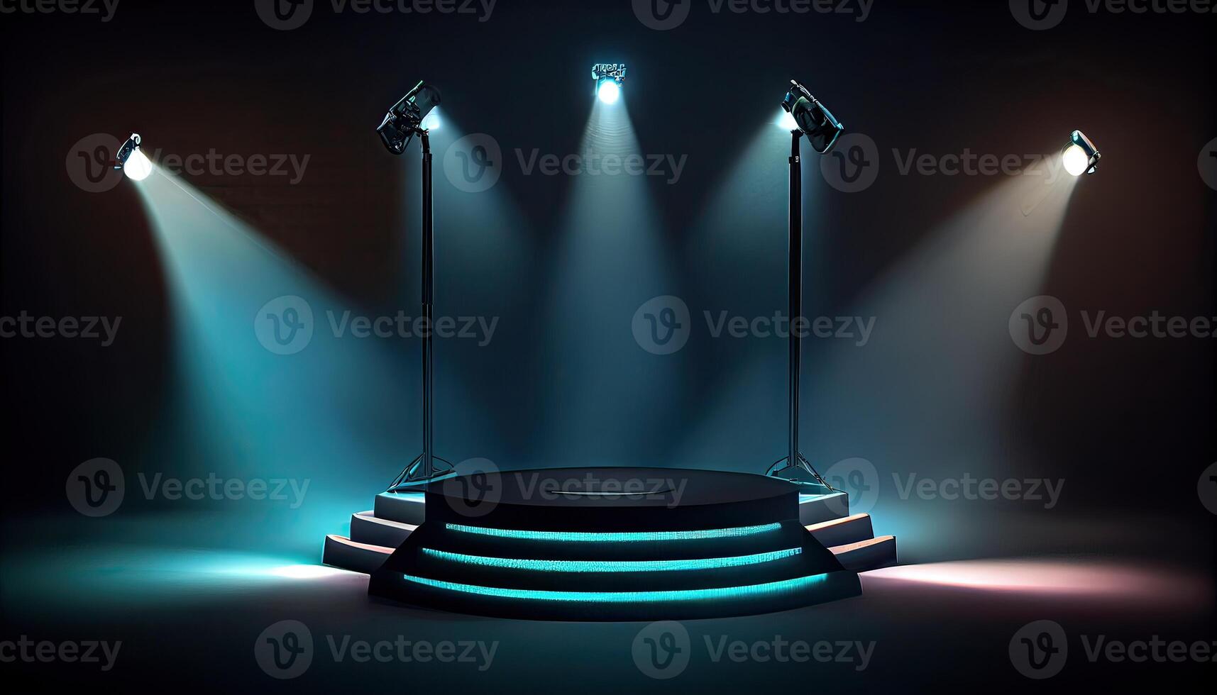 Stage podium with lighting, Stage Podium Scene with for Award. Empty pedestal for award ceremony. Platform illuminated by spotlights. photo