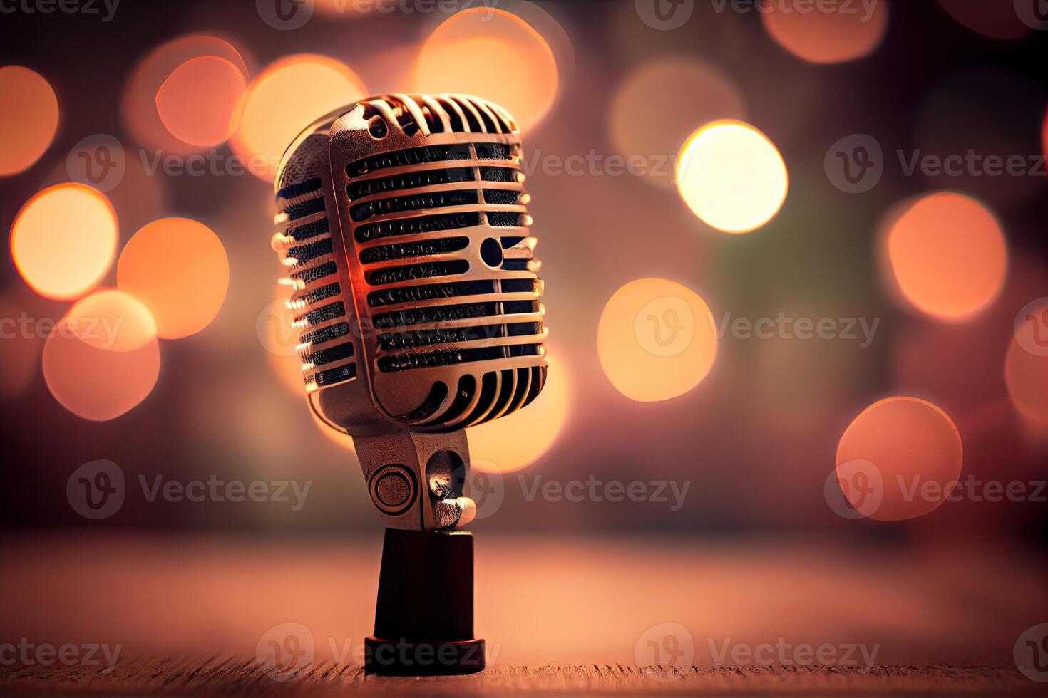 Close up of microphoneon wooden table with blurred lights at background. . photo