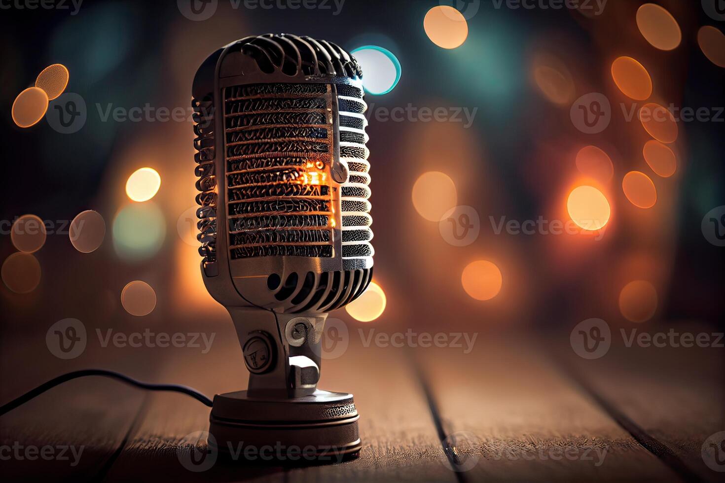 Close up of microphoneon wooden table with blurred lights at background. . photo