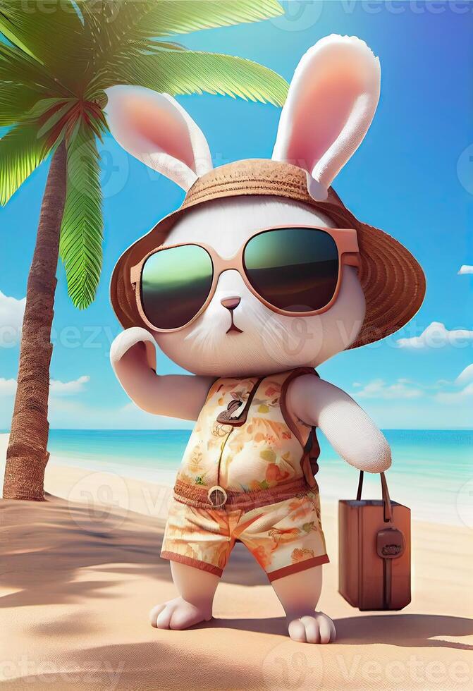 Summer illustration with illustration Cute rabbit standing with a palm tree on the beach. Cute bunny, wearing beach pants, a short-sleeved floral shirt, slippers, sun hat, sunglasses. photo