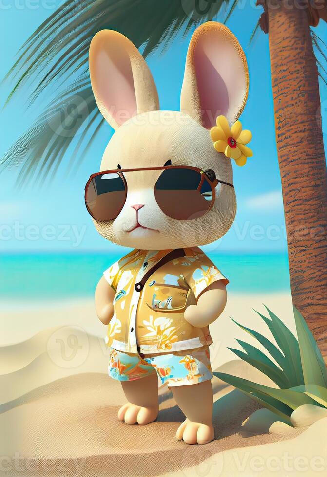 Summer illustration with illustration Cute rabbit standing with a palm tree on the beach. Cute bunny, wearing beach pants, a short-sleeved floral shirt, slippers, sun hat, sunglasses. photo