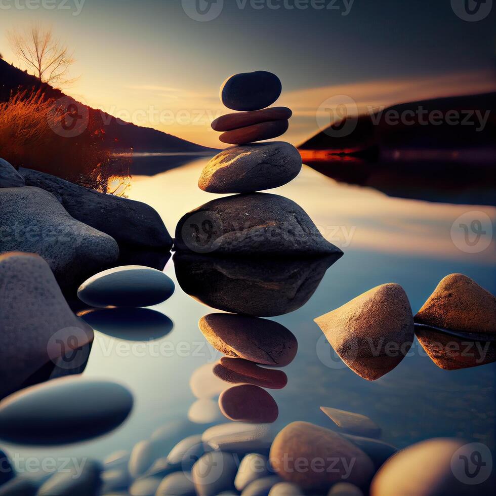 Pyramid of sea pebbles on a sunny sand beach. Life balance and harmony concept. Stone, Rock, Balance. . photo