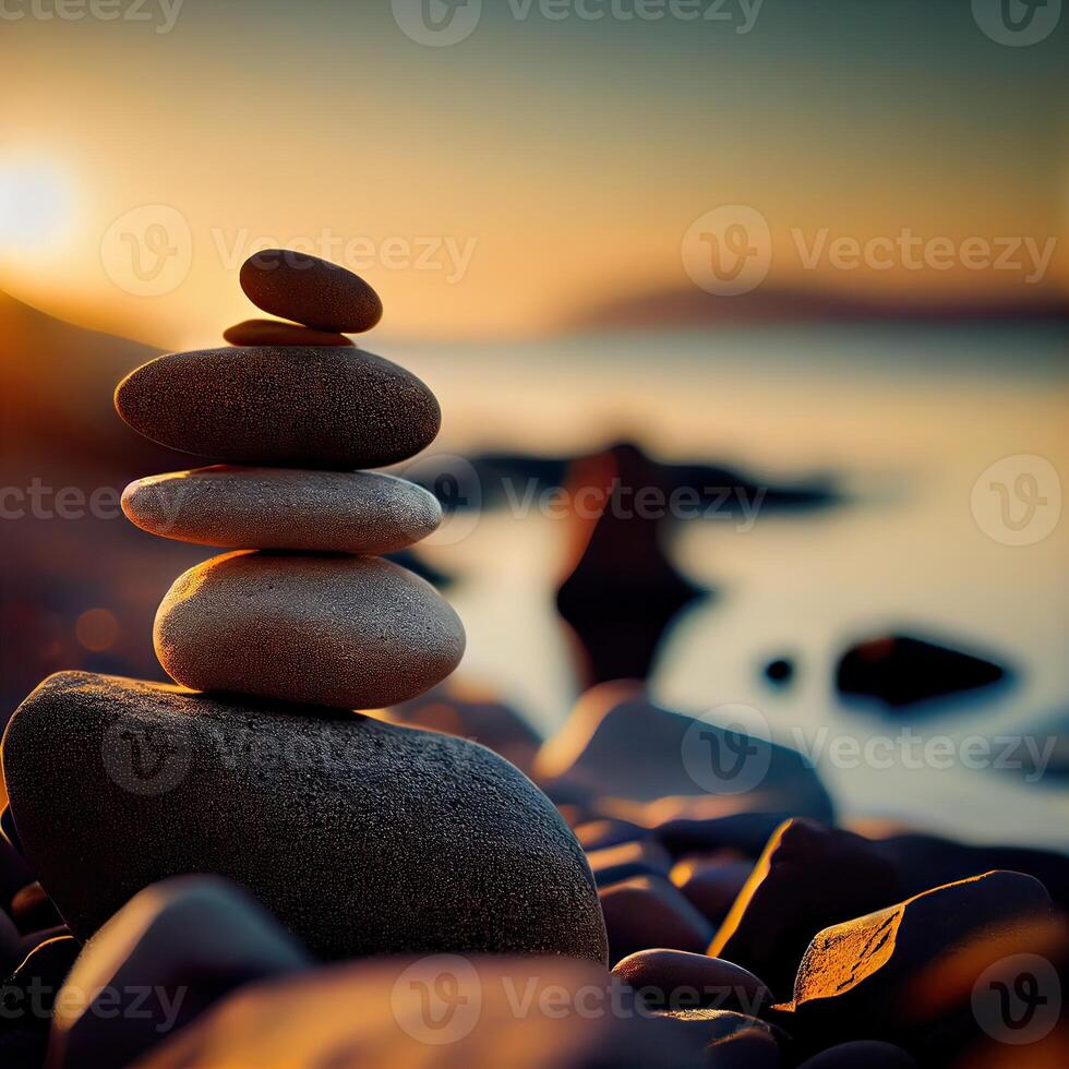 Pyramid of sea pebbles on a sunny sand beach. Life balance and harmony concept. Stone, Rock, Balance. . photo