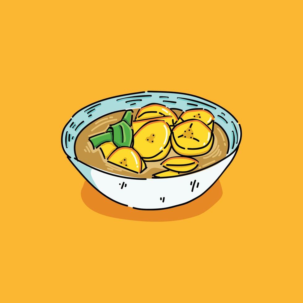 Kolak pisang illustration. Bowl of banana and coconut soup and pandan leaf. Vector illustration cartoon flat icon isolated on white plate.