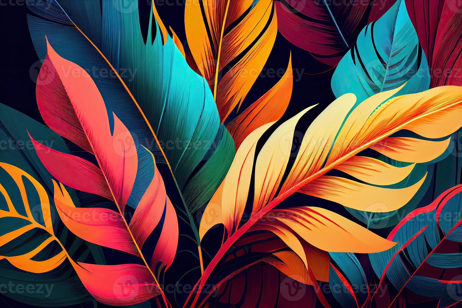 Trend seamless pattern with colorful tropical leaves and plants. illustration design. Jungle print. Floral background. Printing and textiles. Exotic tropics. Fresh design. photo