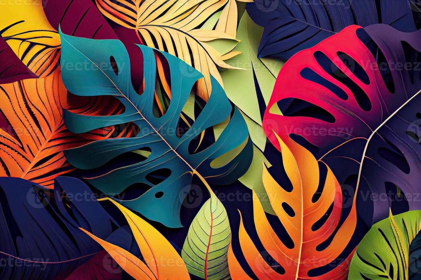 tendencia sin costura modelo con vistoso tropical hojas y plantas. ilustración diseño. selva impresión. floral antecedentes. impresión y textiles. exótico zona tropical. Fresco diseño. generativo ai foto