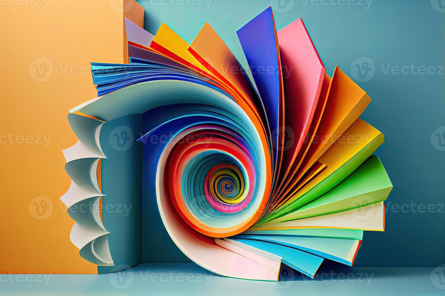 books in a colored swirl. Colorful flow book line. Realistic volume wave. photo