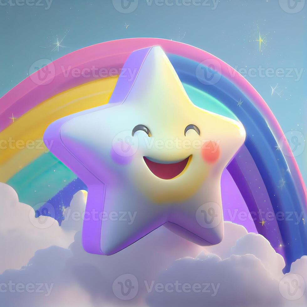 Little Star and the starry sky. shiny colorful stars. Cute five-pointed star. illustration of a Cute star has big eyes illustration. emoji, cartoon character. . photo