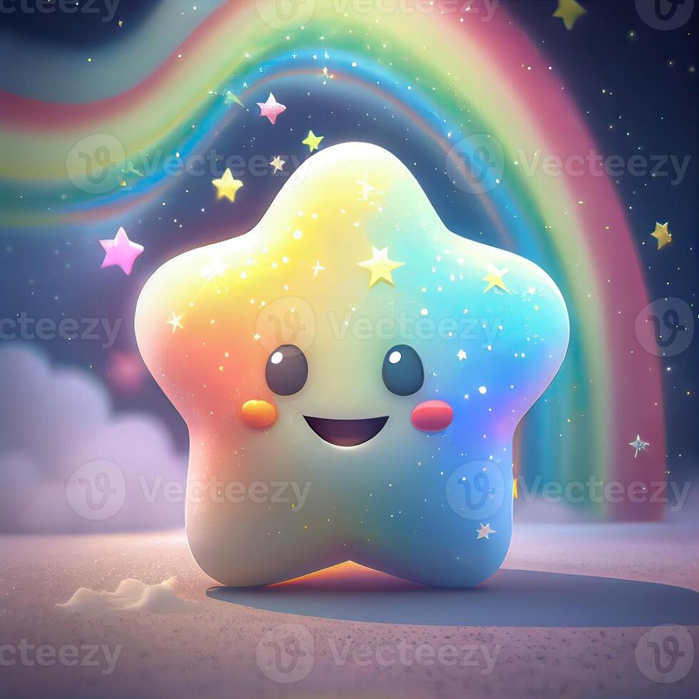 Little Star and the starry sky. shiny colorful stars. Cute five-pointed star. illustration of a Cute star has big eyes illustration. emoji, cartoon character. . photo