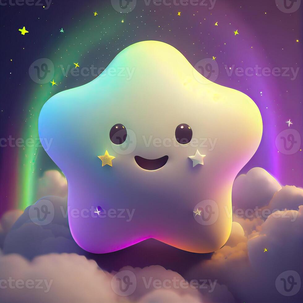 Little Star and the starry sky. shiny colorful stars. Cute five-pointed star. illustration of a Cute star has big eyes illustration. emoji, cartoon character. . photo