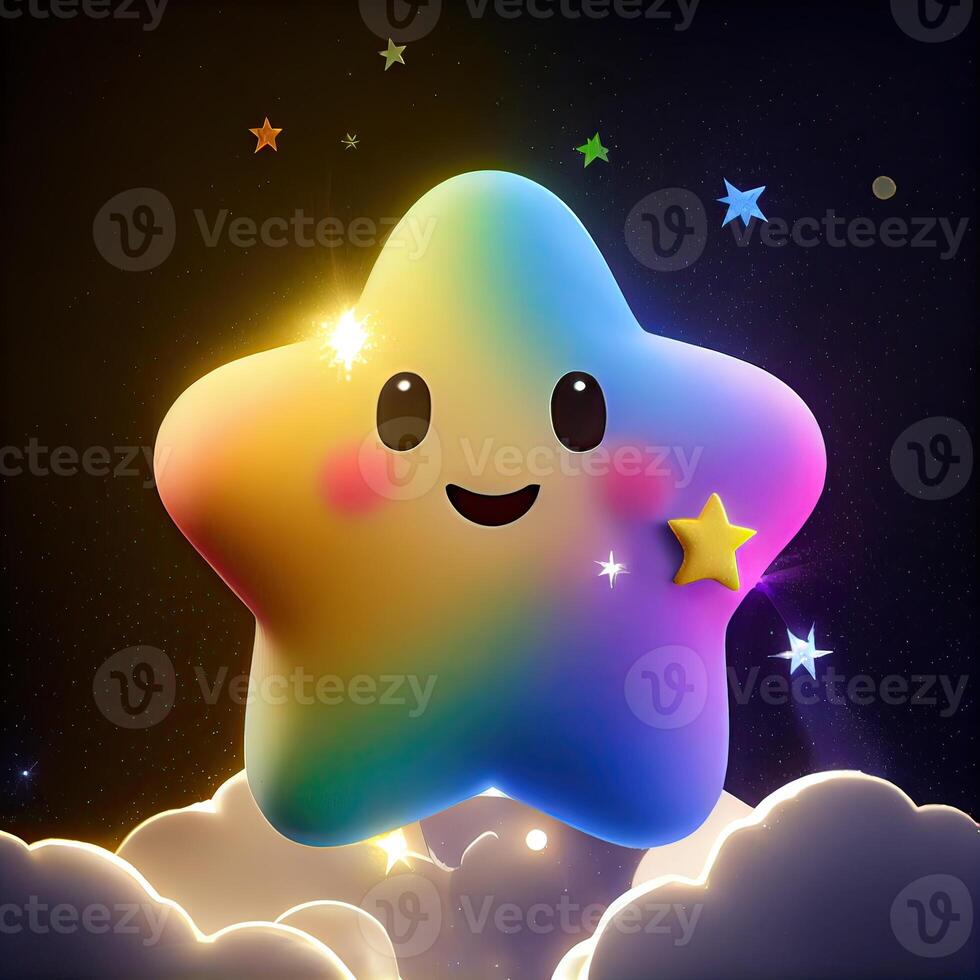 Little Star and the starry sky. shiny colorful stars. Cute five-pointed star. illustration of a Cute star has big eyes illustration. emoji, cartoon character. . photo