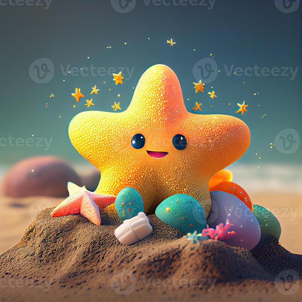 Cute colorful Starfish cartoon illustration. Starfish cartoon illustration. Ocean realistic fish isolated on the beach. Starfish and sea on summer beach background. . photo