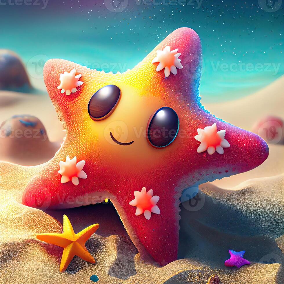 Cute colorful Starfish cartoon illustration. Starfish cartoon illustration. Ocean realistic fish isolated on the beach. Starfish and sea on summer beach background. . photo