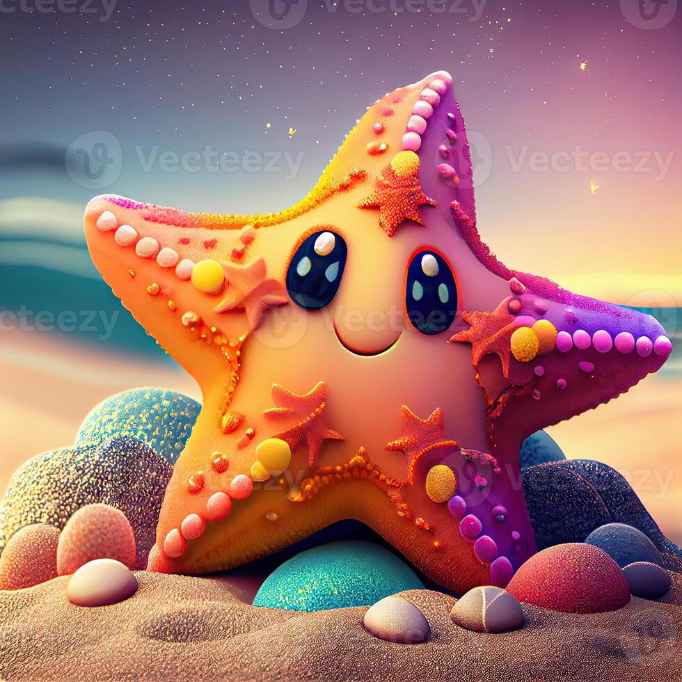 Cute colorful Starfish cartoon illustration. Starfish cartoon illustration. Ocean realistic fish isolated on the beach. Starfish and sea on summer beach background. . photo